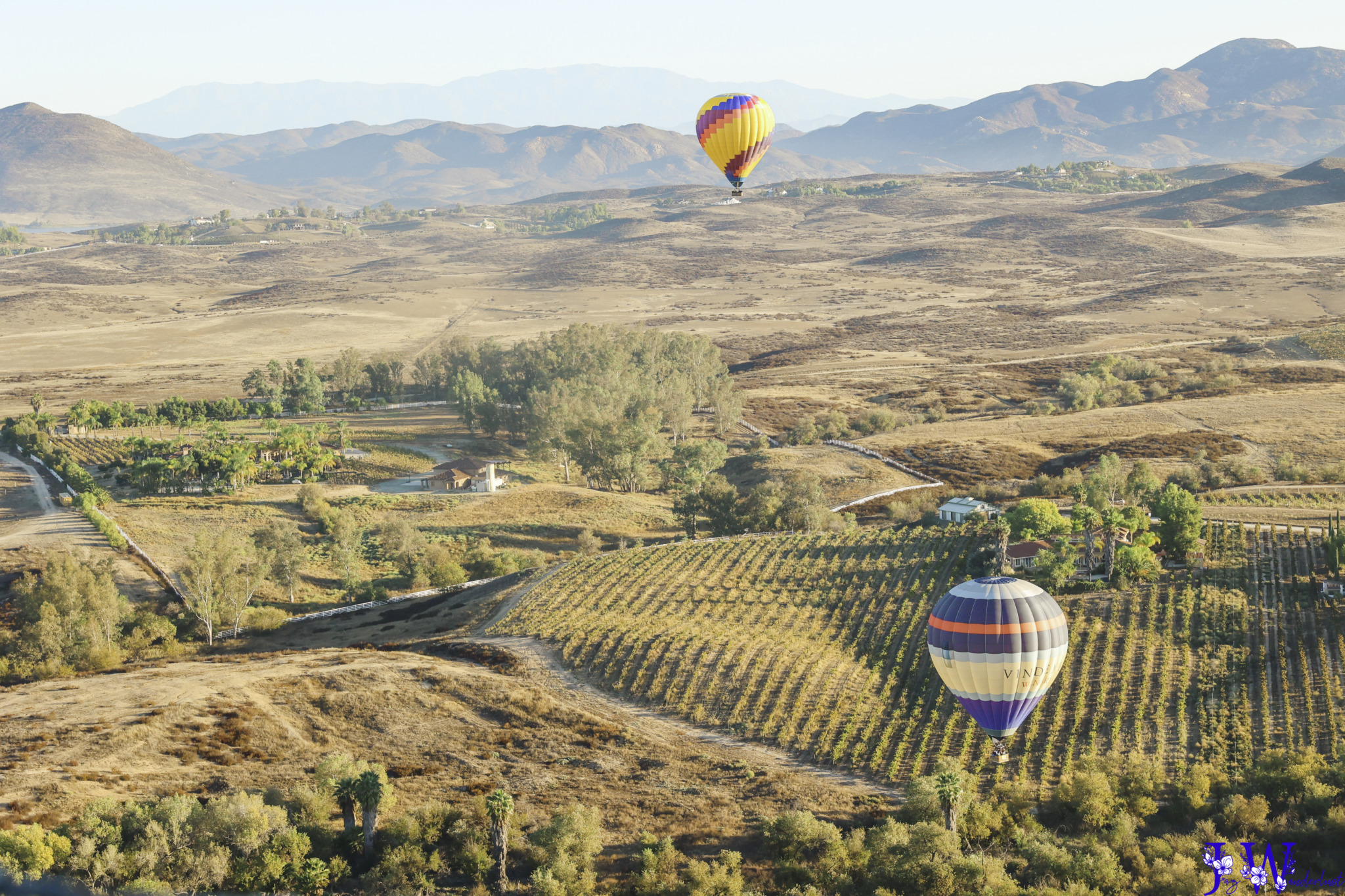 Overlooking Temecula Valley from hot air balloon. Photography by Jaz Wanderlust.